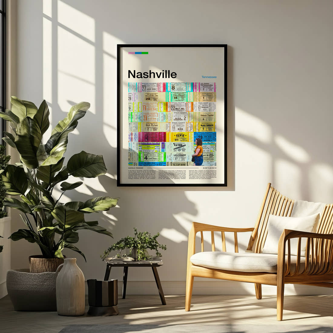 Nashville Wall Of Concert Tickets Travel Print framed on a pale wall beside houseplants