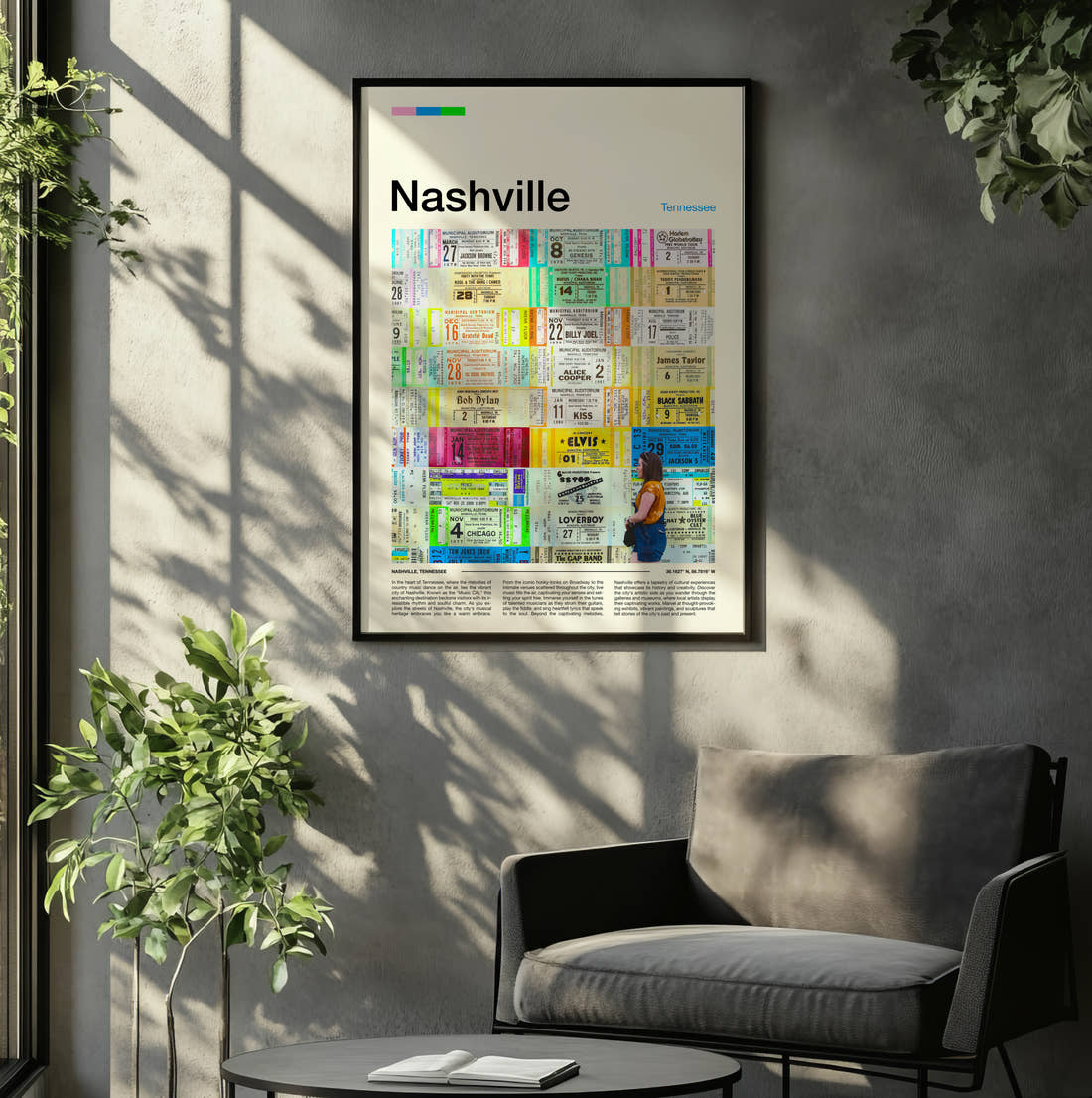 Nashville Wall Of Concert Tickets Travel Print framed on the wall of a relaxed living room
