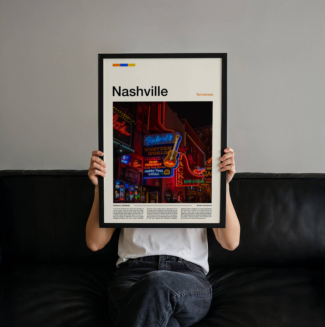 Nashville Neon Bar Signs Travel Print held up by hand to show the size of the print