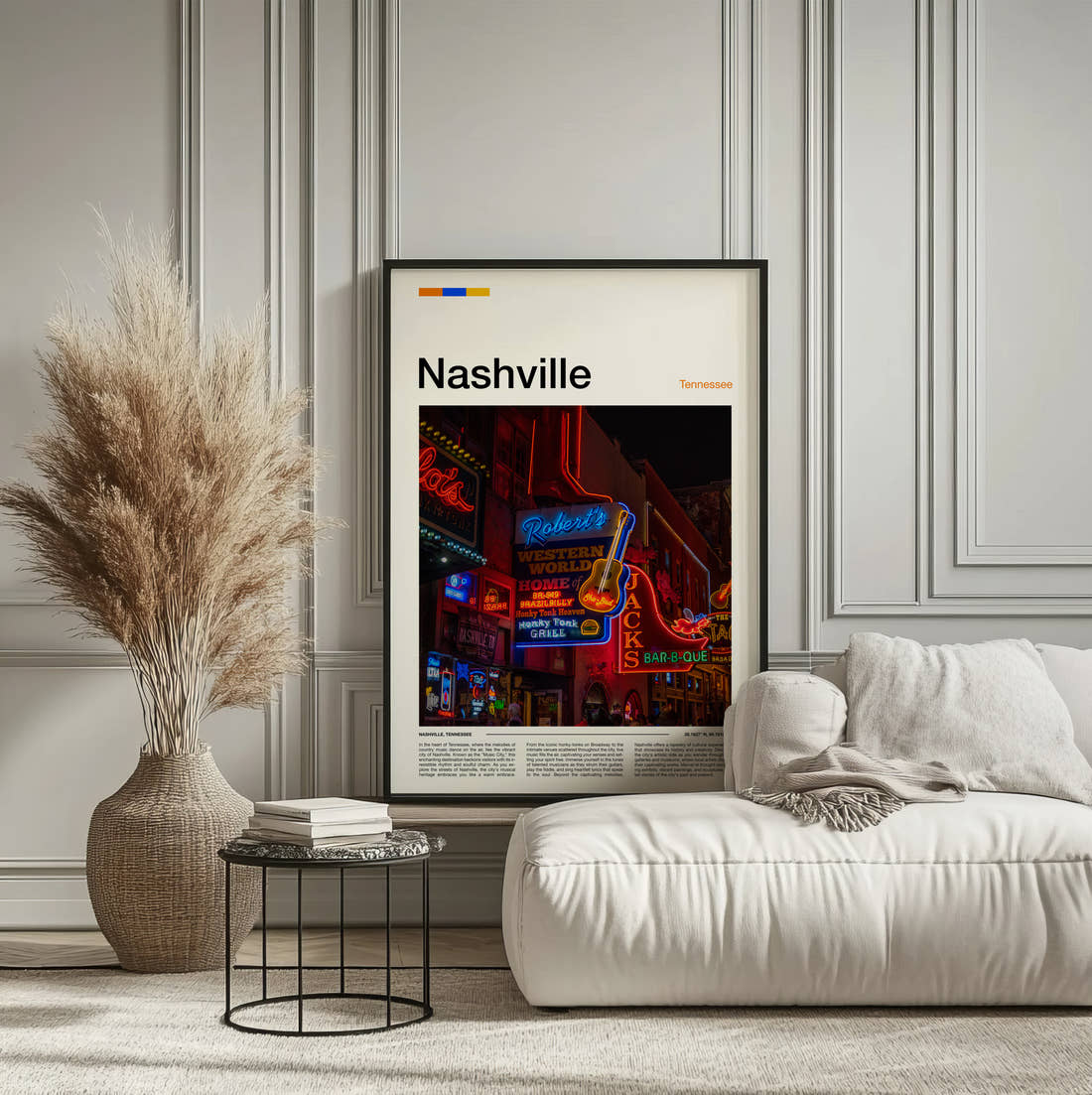 Nashville Neon Bar Signs Travel Print framed on the wall of a calm, neutral bedroom