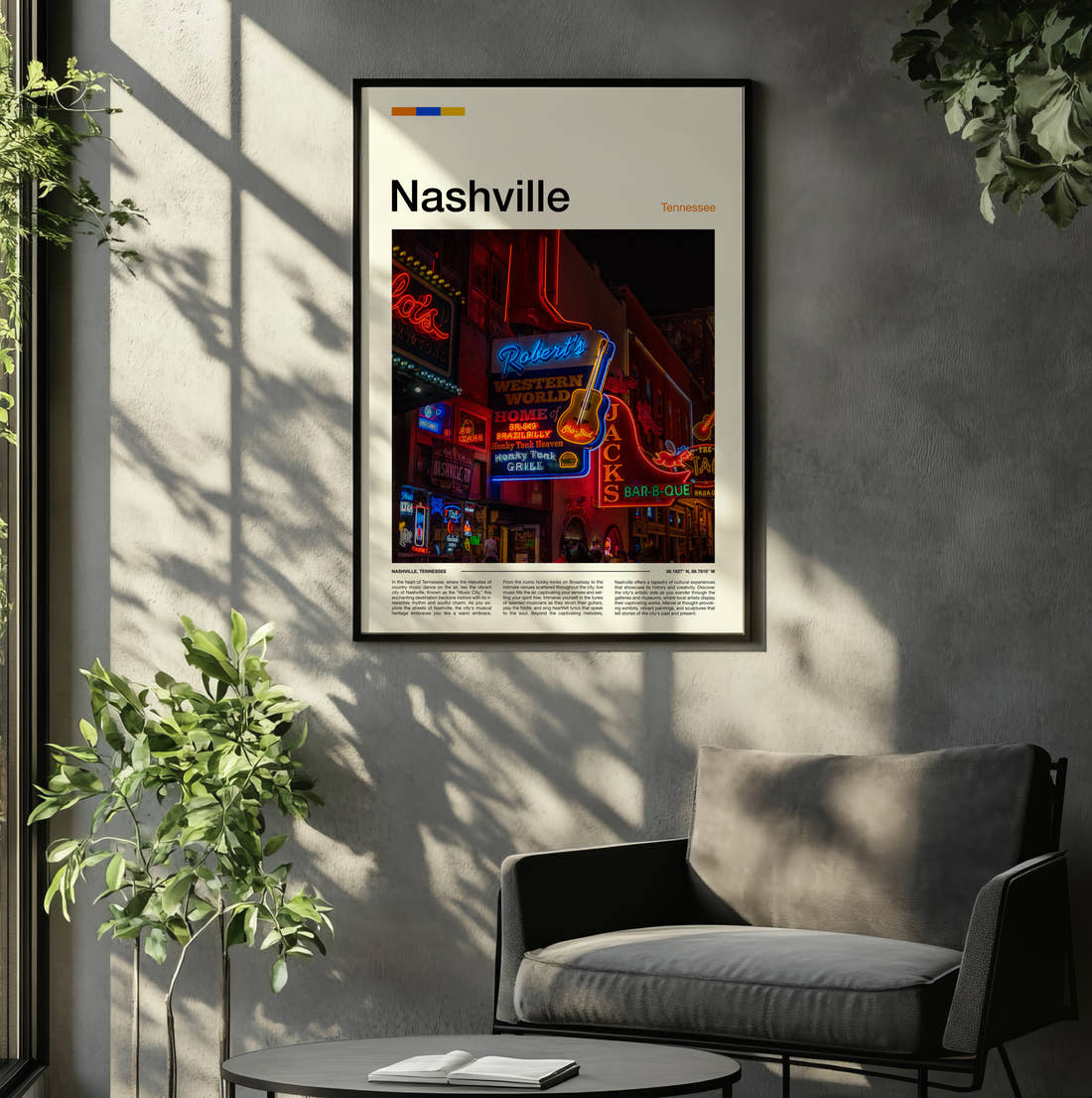 Nashville Neon Bar Signs Travel Print framed on the wall of a relaxed living room
