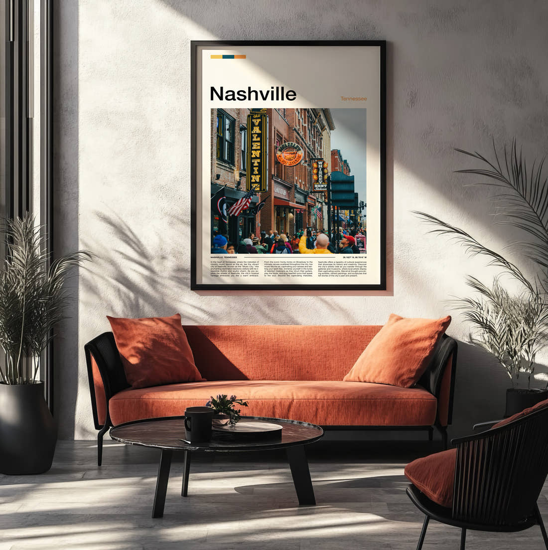 Nashville Honky Tonk Signs Travel Print framed on the wall of a modern living room