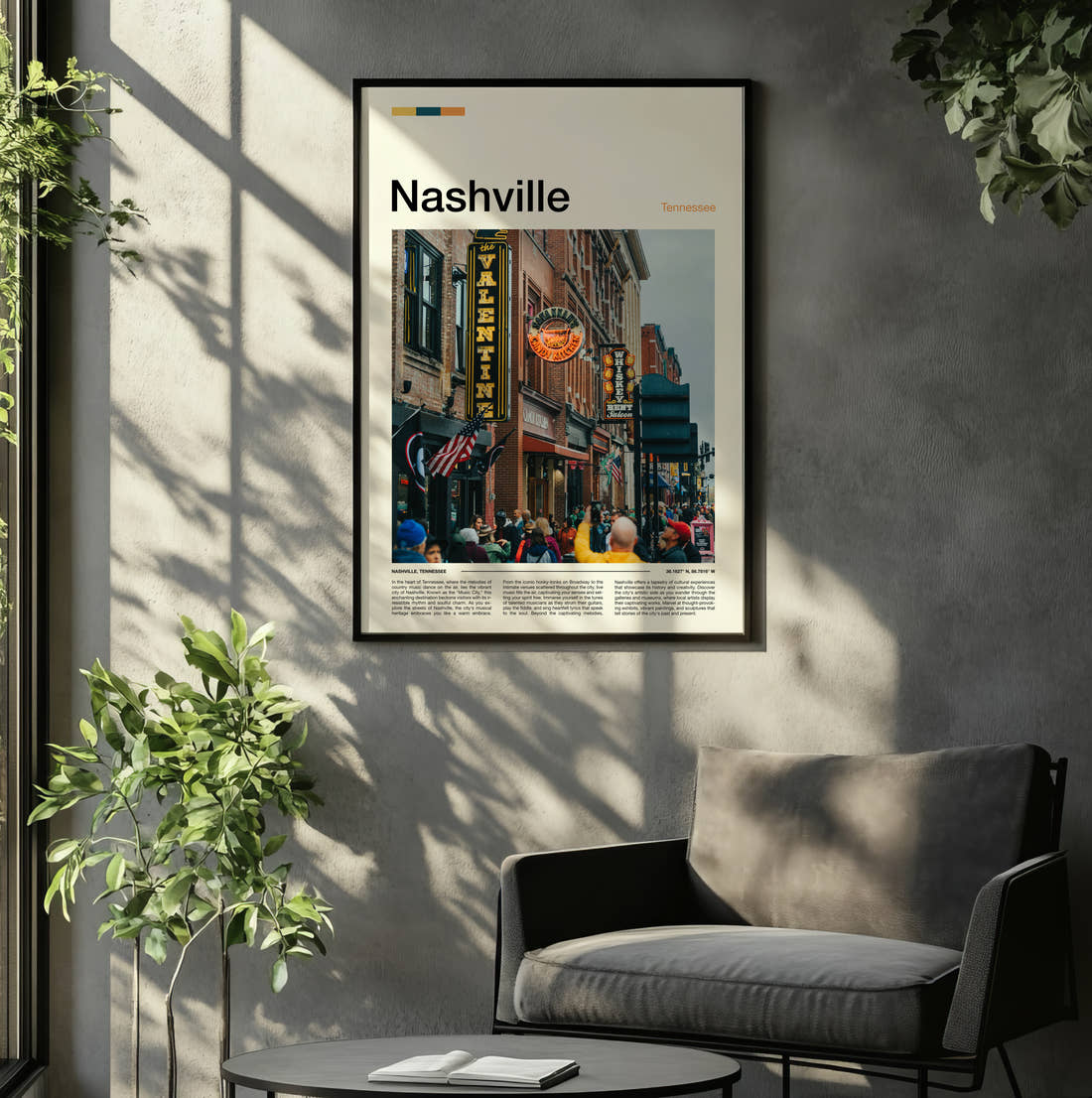 Nashville Honky Tonk Signs Travel Print framed on the wall of a relaxed living room
