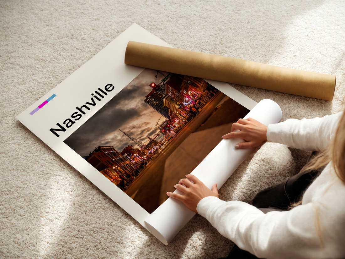 Nashville Moody Street At Dusk Travel Print being unrolled from its postal tube