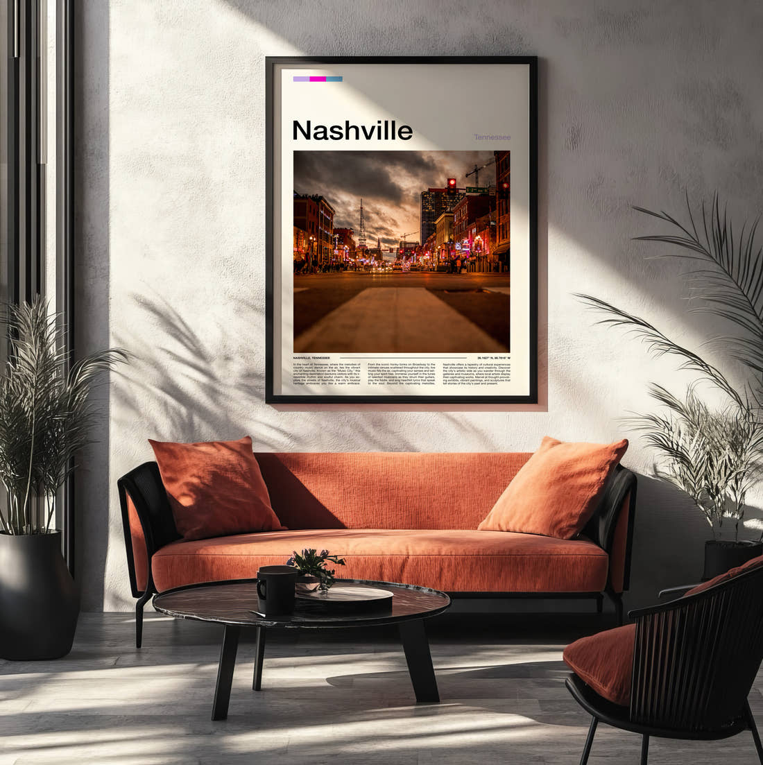 Nashville Moody Street At Dusk Travel Print framed on the wall of a modern living room