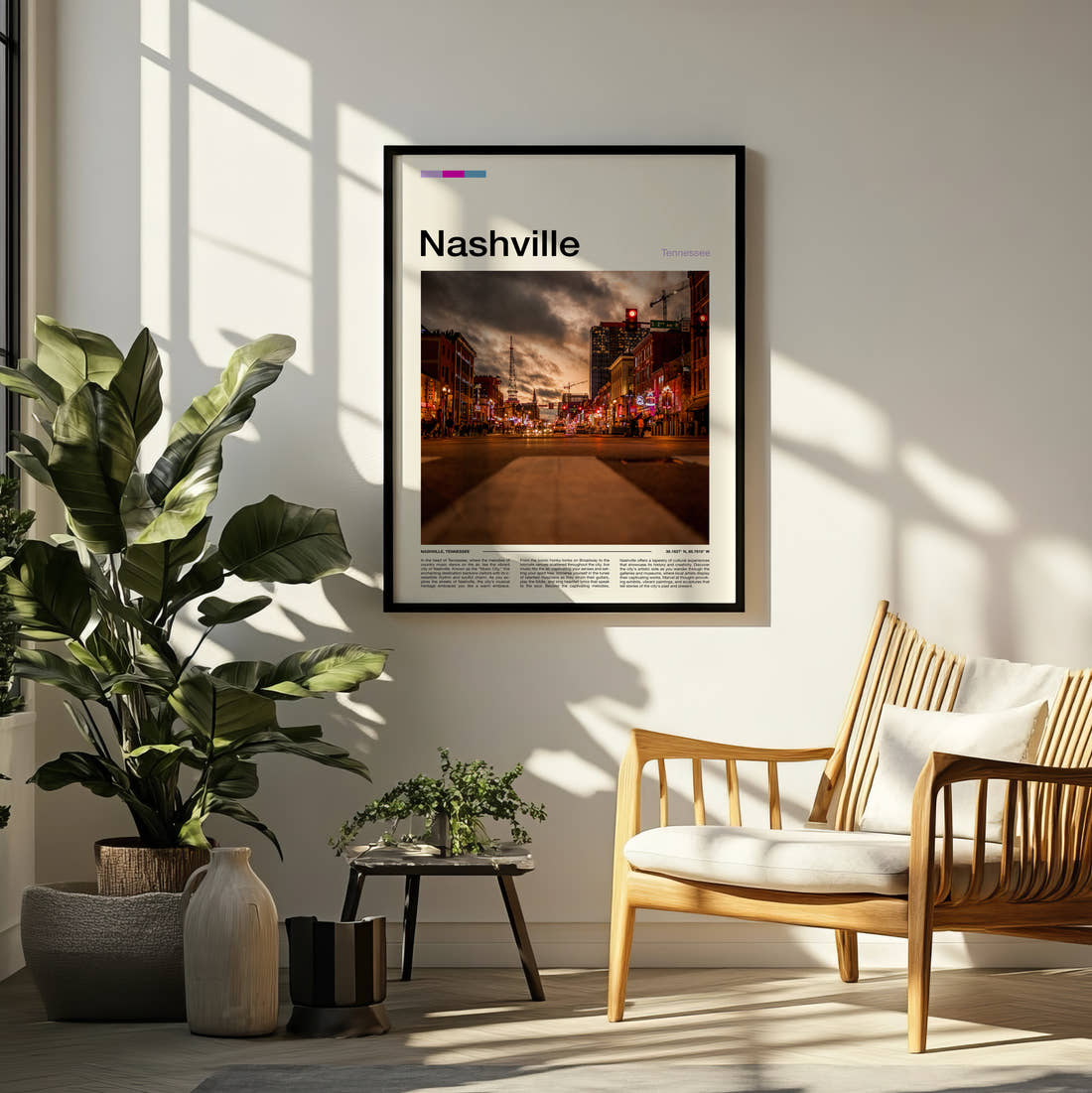 Nashville Moody Street At Dusk Travel Print framed on a pale wall beside houseplants