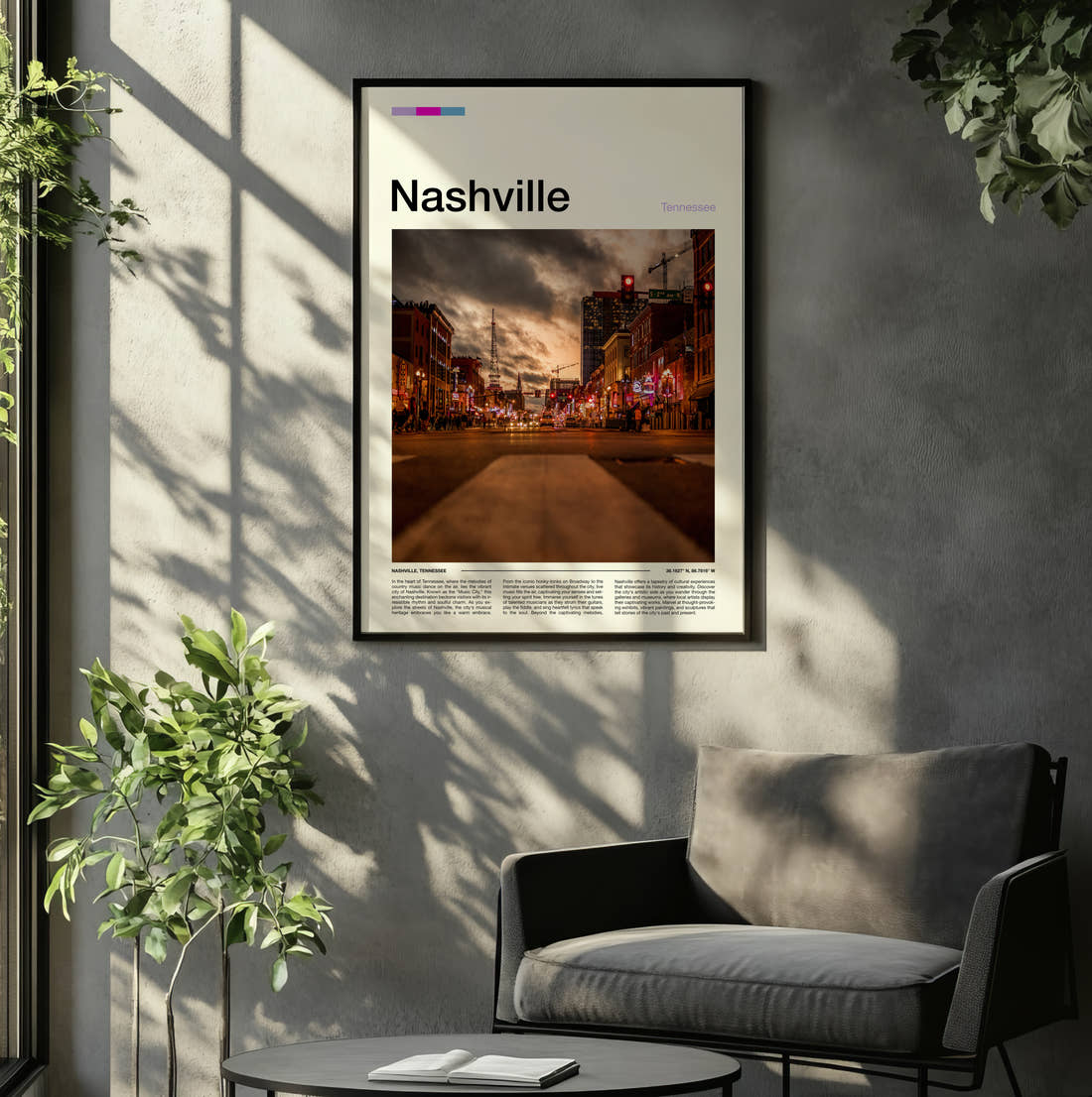 Nashville Moody Street At Dusk Travel Print framed on the wall of a relaxed living room