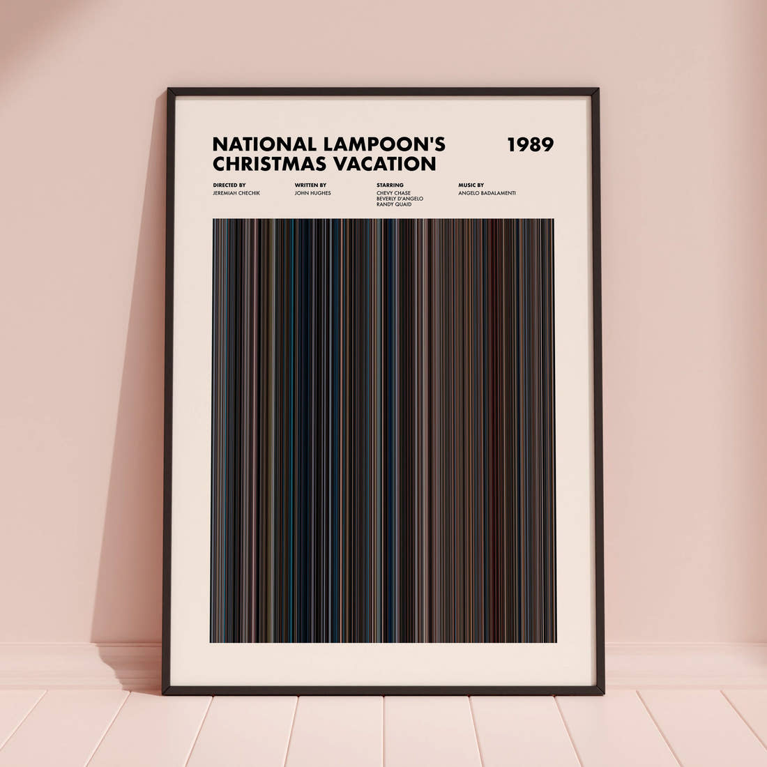 National Lampoon's Christmas Vacation Movie Barcode Poster framed and leaning against a coloured wall