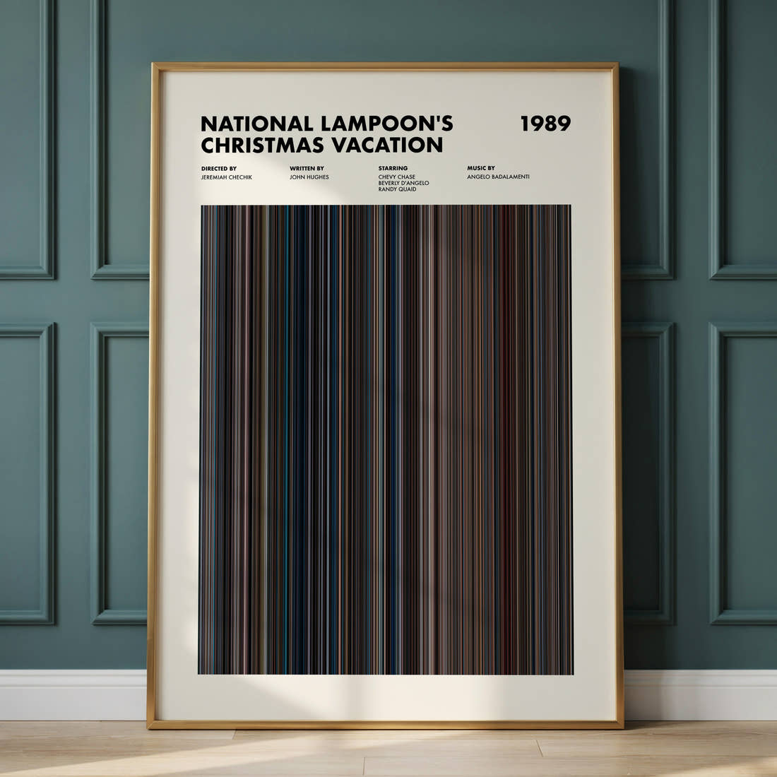 National Lampoon's Christmas Vacation Movie Barcode Poster framed and leaning against a panelled wall