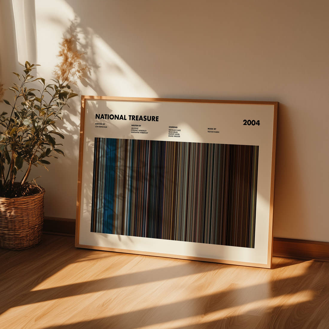 National Treasure Movie Barcode Poster framed and leaning against a wall on a wooden floor