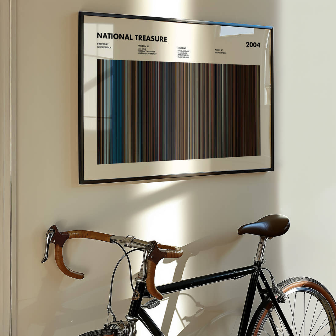 National Treasure Movie Barcode Poster framed on the wall of a styled room setting