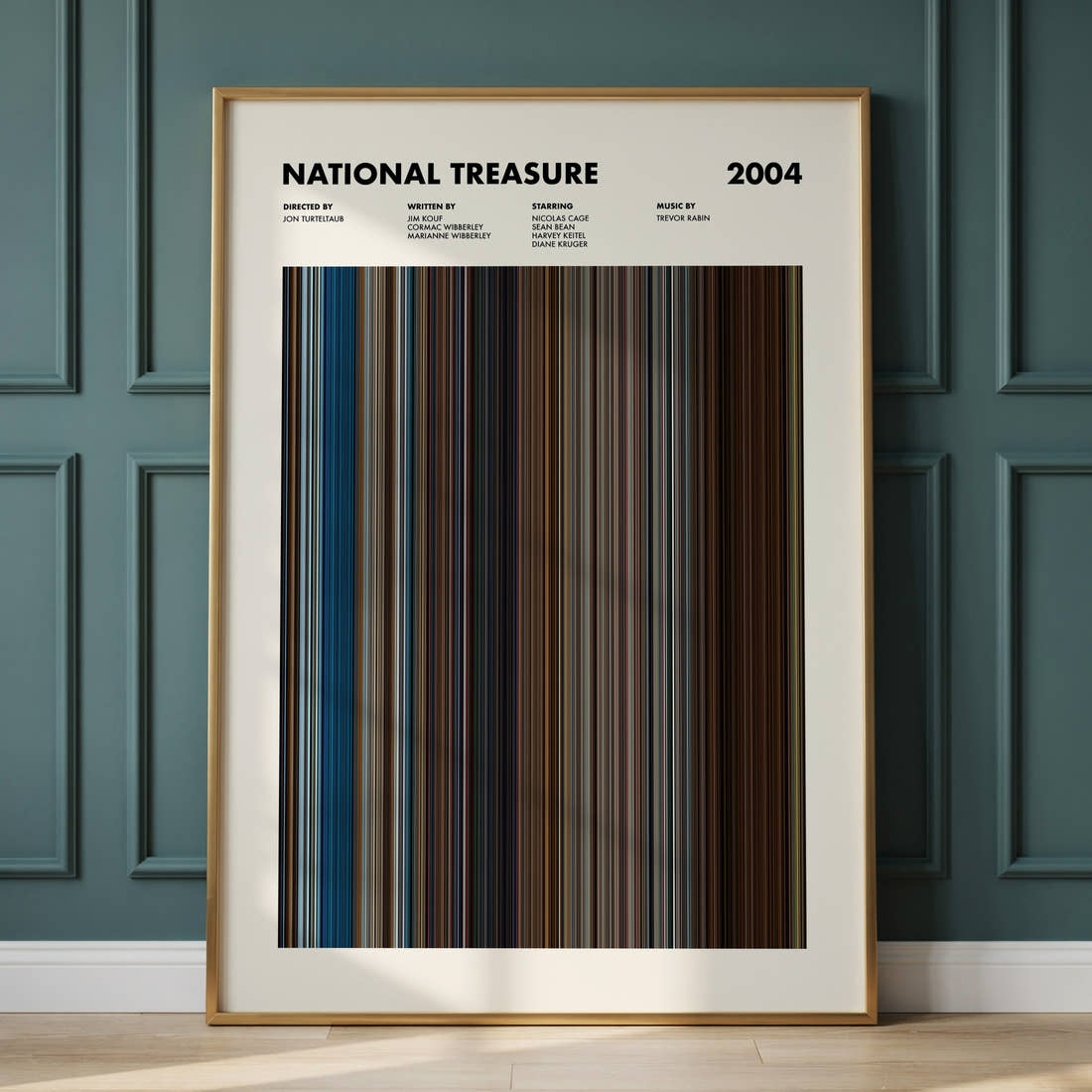 National Treasure Movie Barcode Poster framed and leaning against a panelled wall