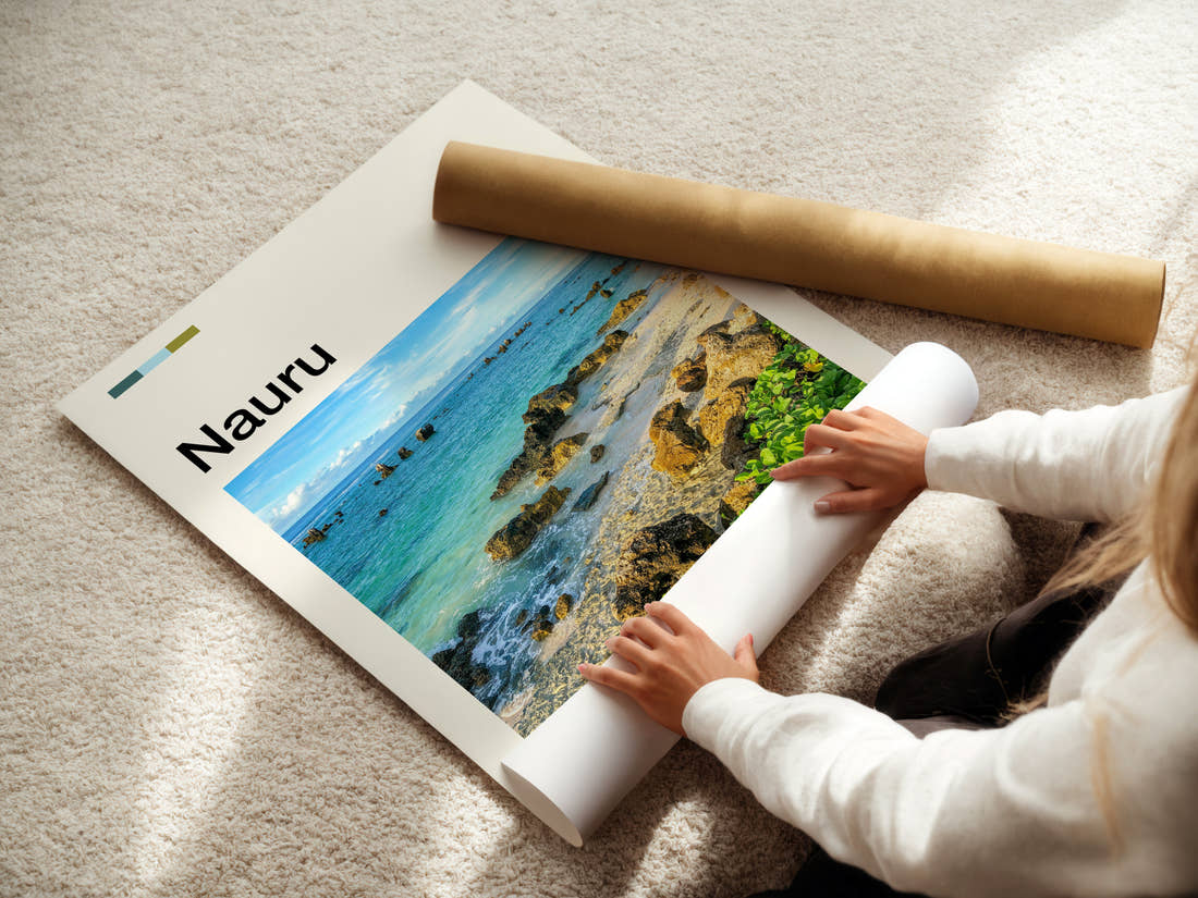 Nauru Rocky Coastal Shoreline Travel Print being unrolled from its postal tube