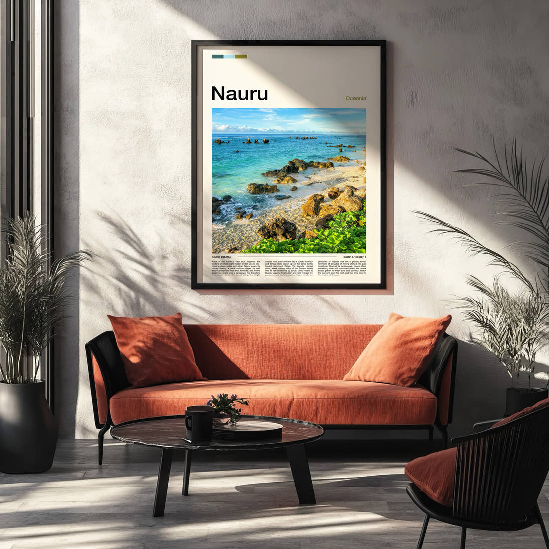 Nauru Rocky Coastal Shoreline Travel Print framed on the wall of a modern living room