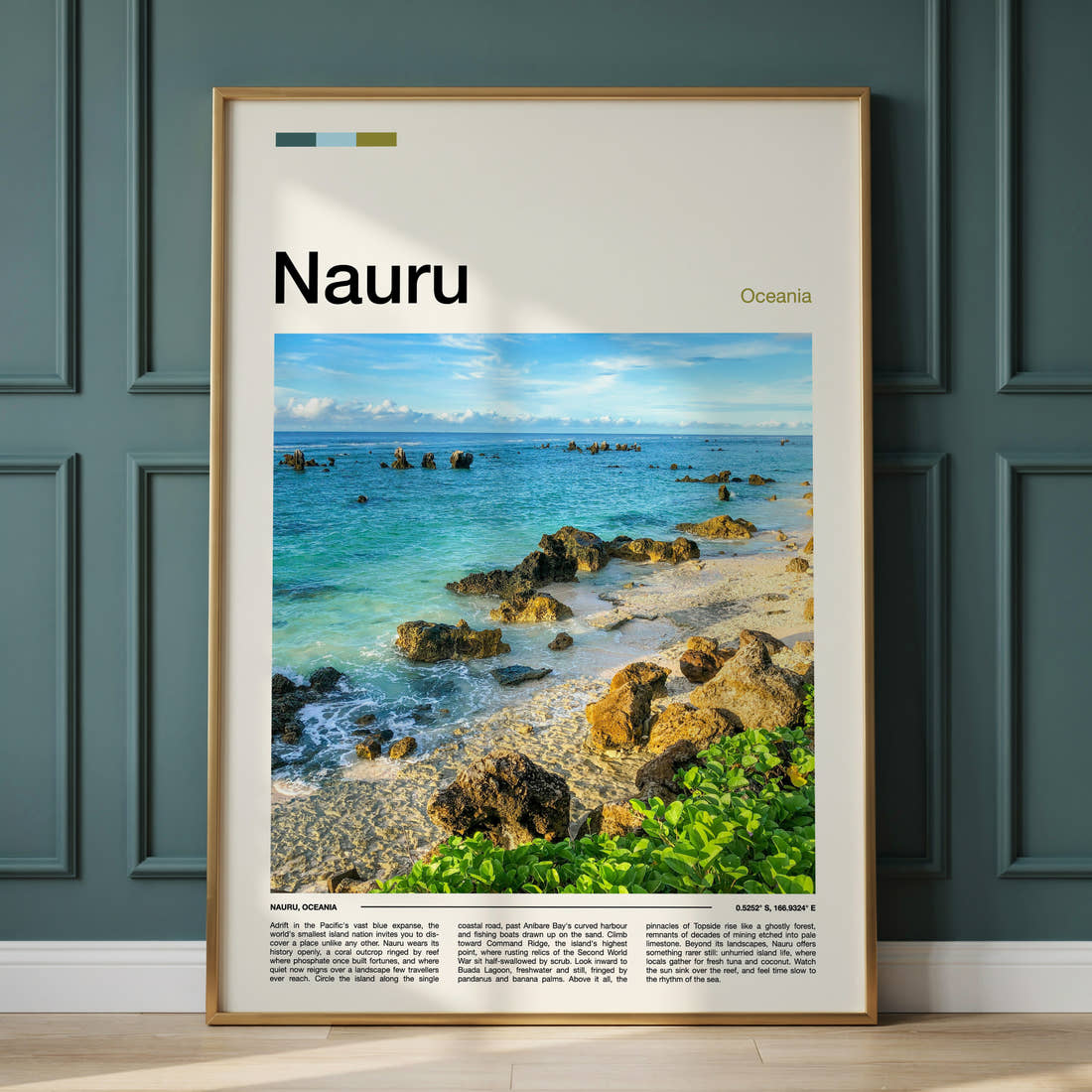 Nauru Rocky Coastal Shoreline Travel Print framed on the wall of a calm, neutral bedroom