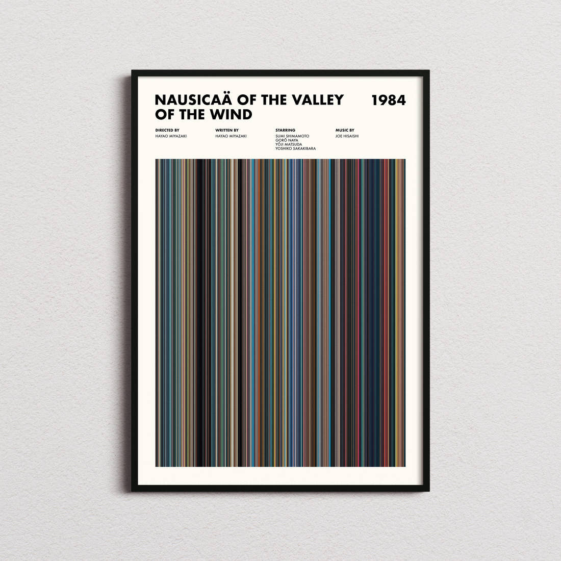Nausicaä of the Valley of the Wind Movie Barcode Poster framed on a plain studio wall