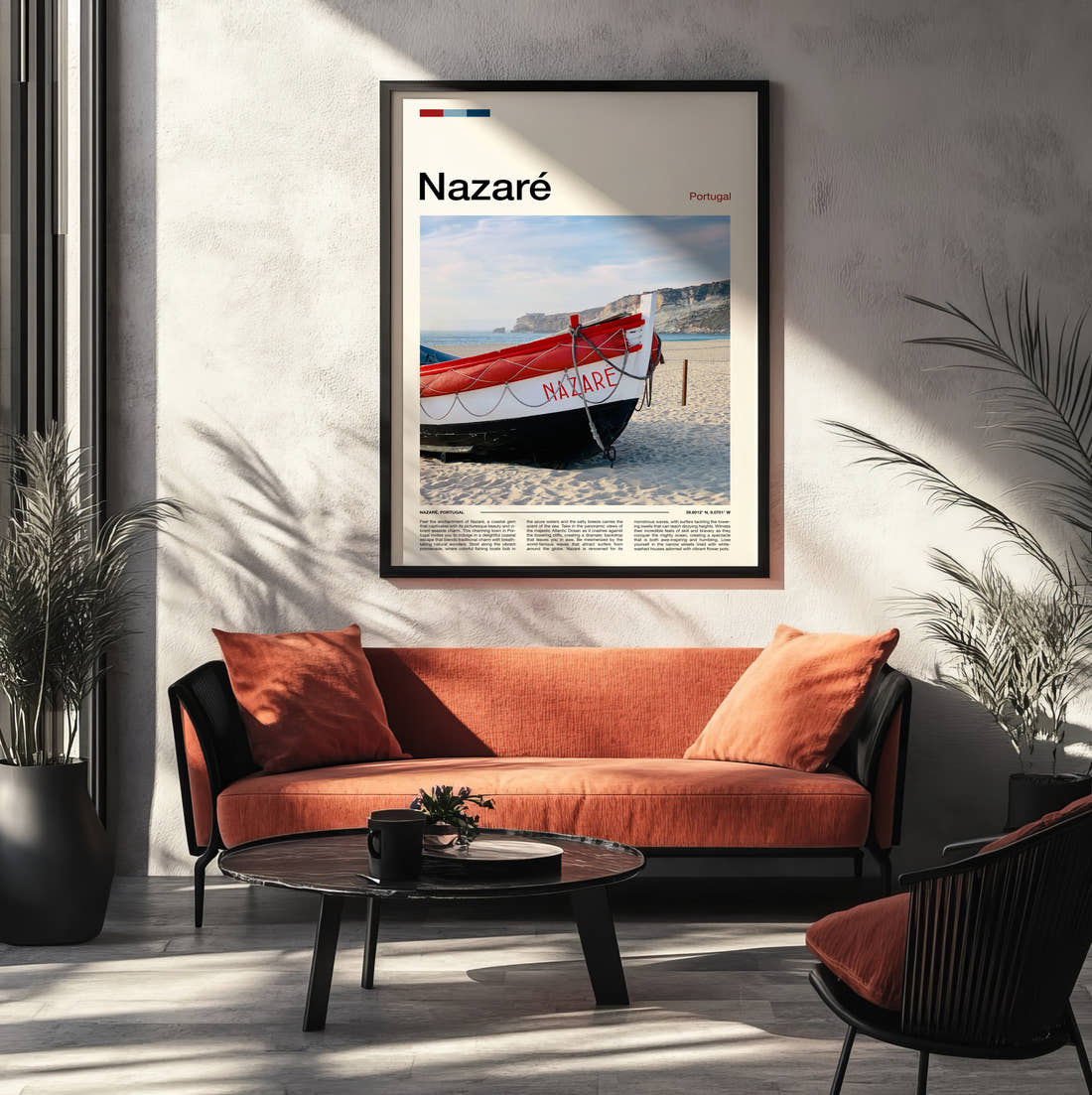 Nazare Red Boat On The Beach Travel Print framed on the wall of a modern living room