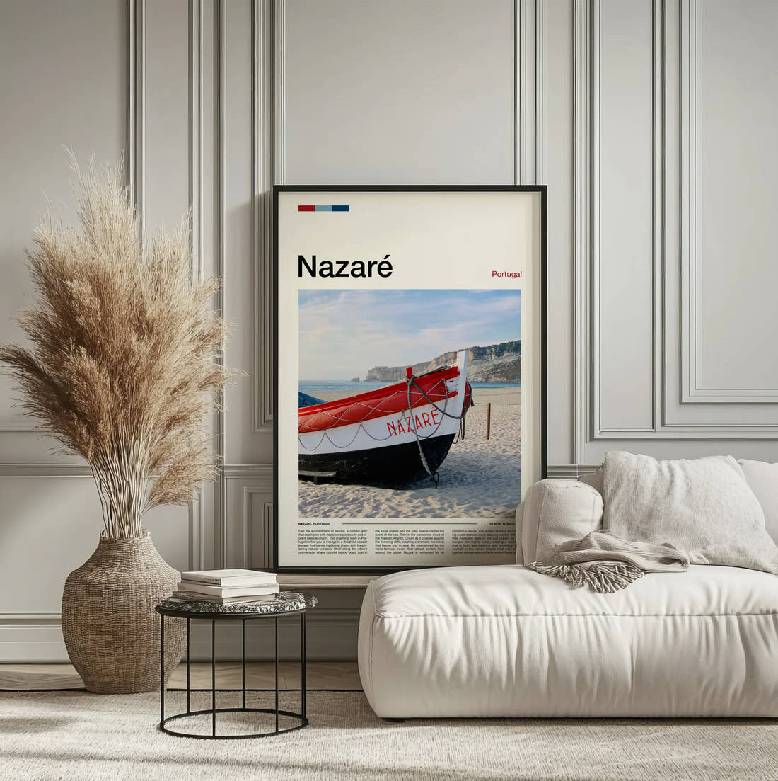 Nazare Red Boat On The Beach Travel Print framed on the wall of a calm, neutral bedroom