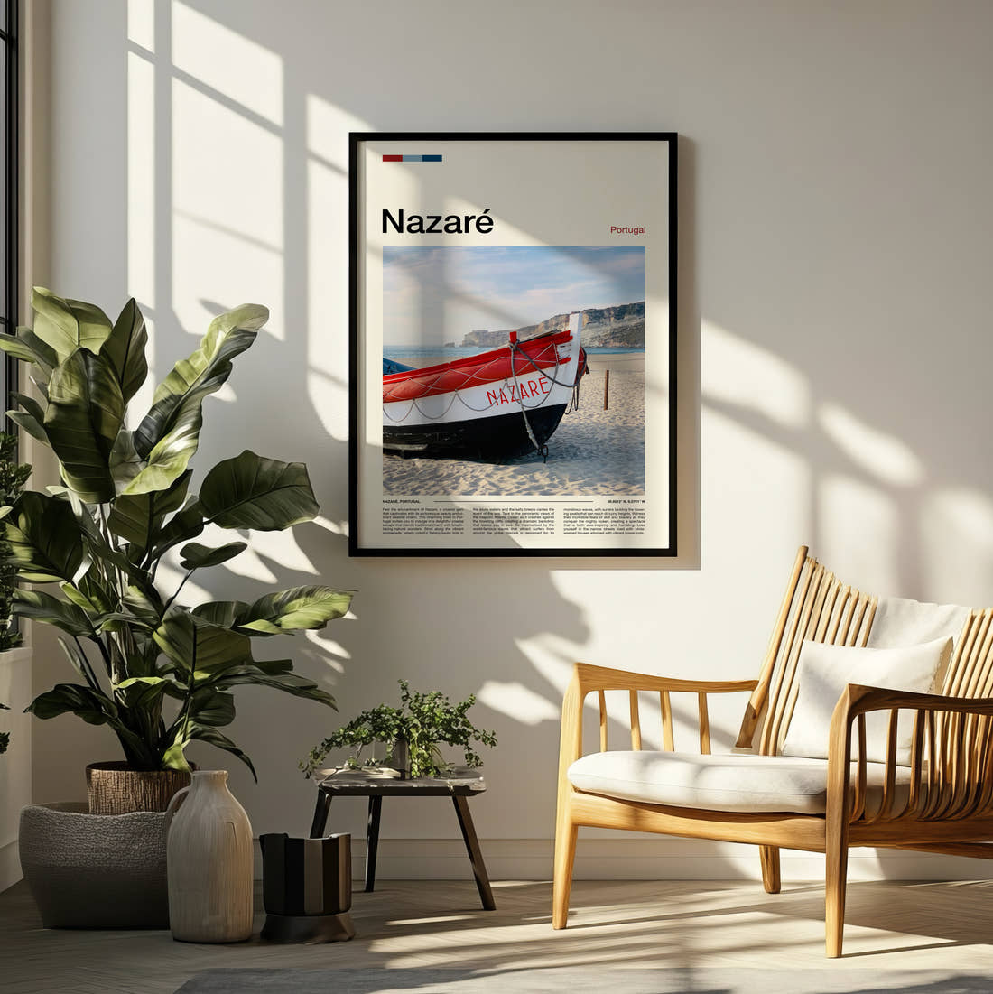 Nazare Red Boat On The Beach Travel Print framed on a pale wall beside houseplants