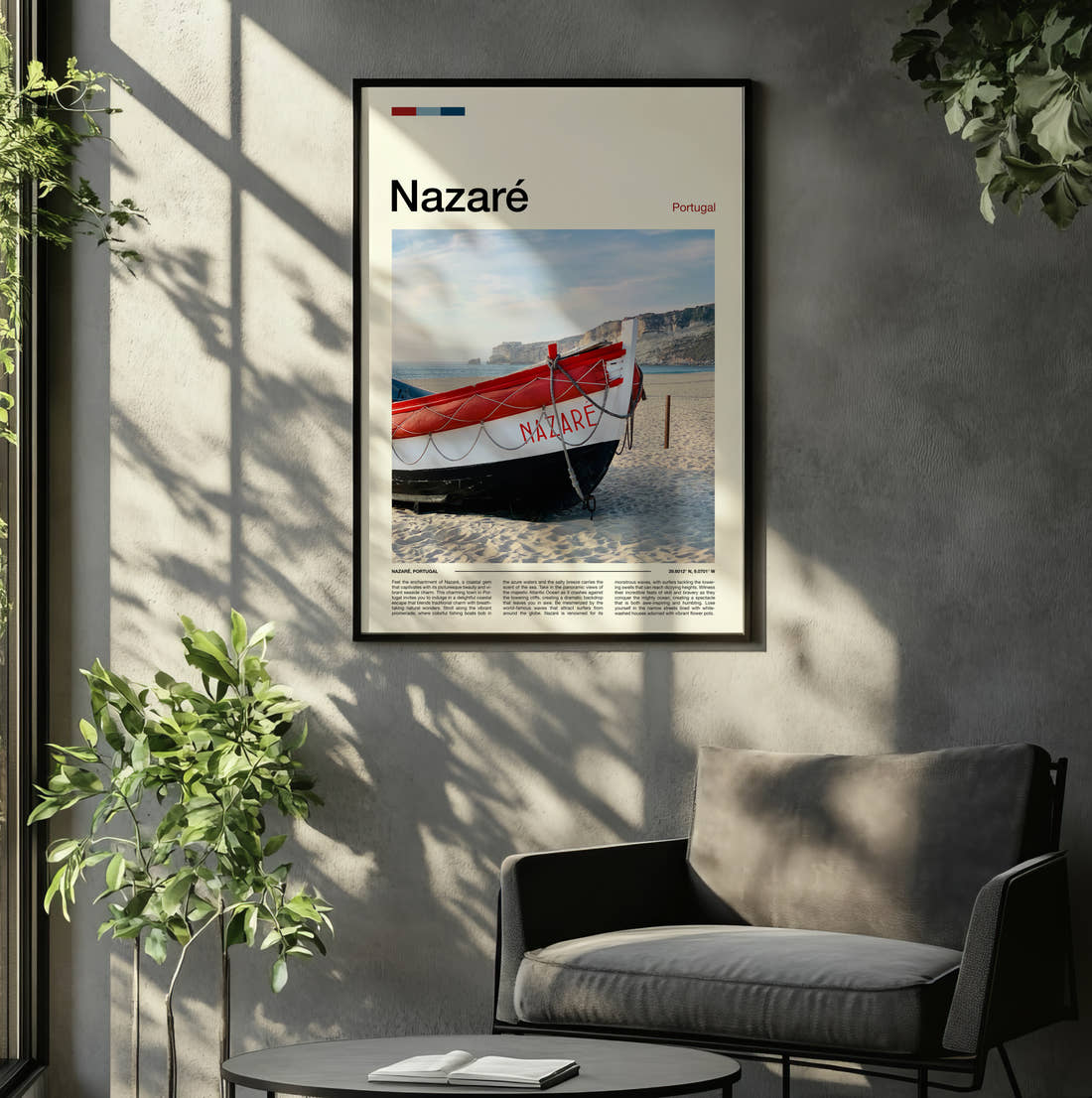 Nazare Red Boat On The Beach Travel Print framed on the wall of a relaxed living room