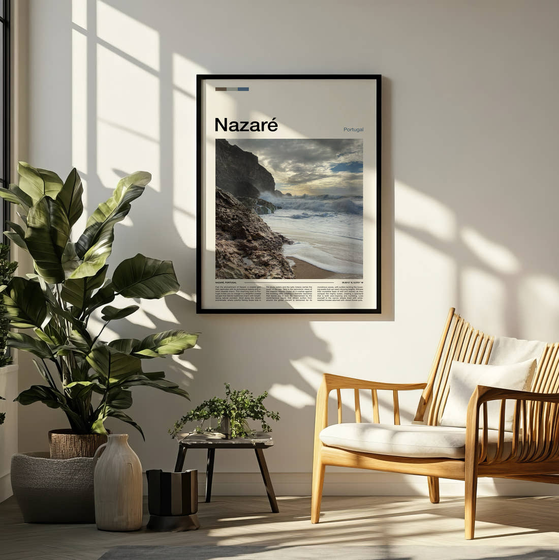 Nazare Rocky Coastline Travel Print framed on a pale wall beside houseplants