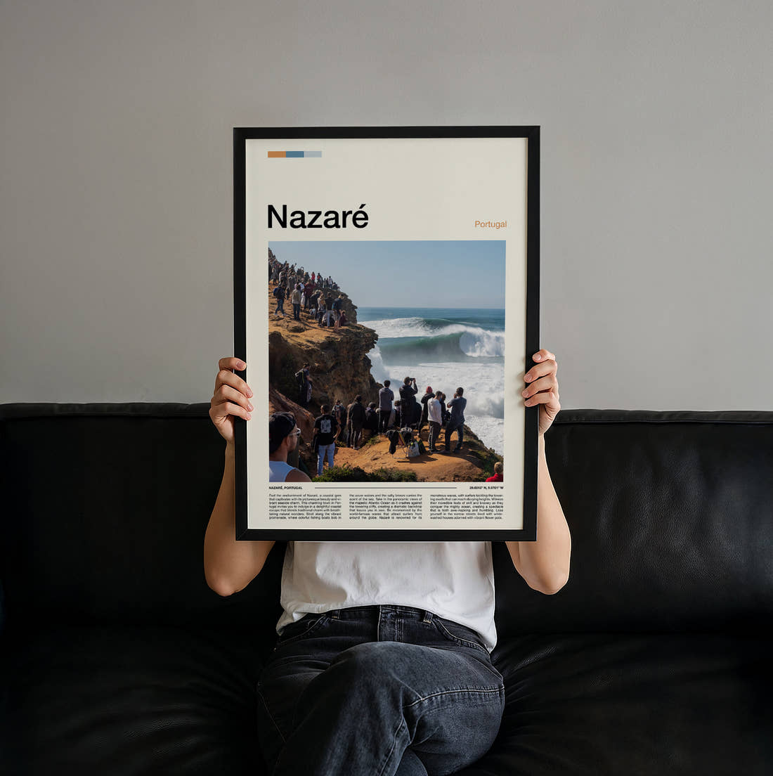 Nazare Crowd Watching Big Wave Travel Print held up by hand to show the size of the print