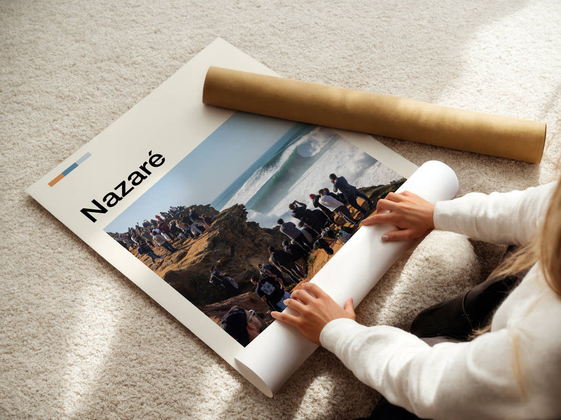 Nazare Crowd Watching Big Wave Travel Print being unrolled from its postal tube