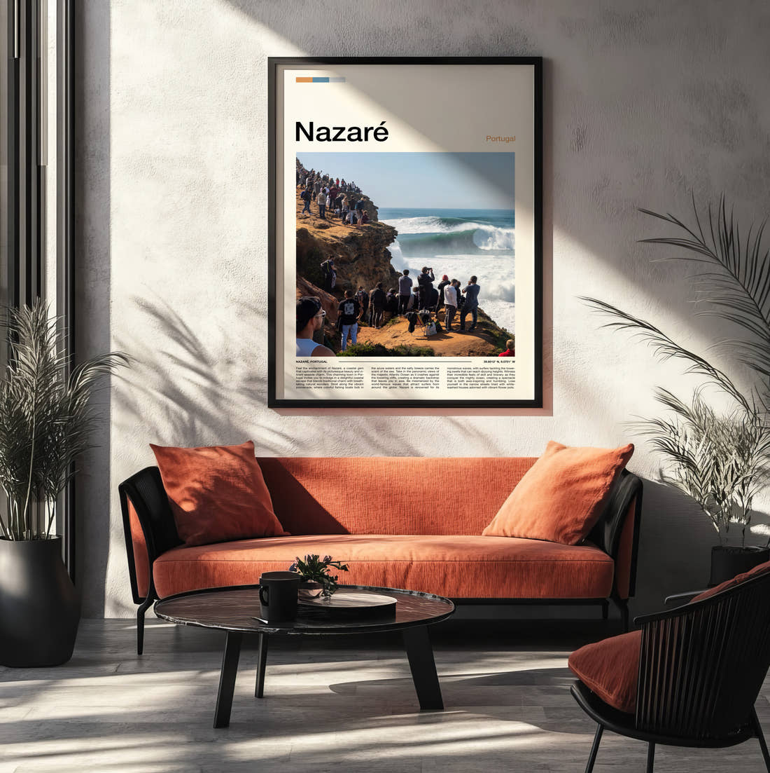 Nazare Crowd Watching Big Wave Travel Print framed on the wall of a modern living room