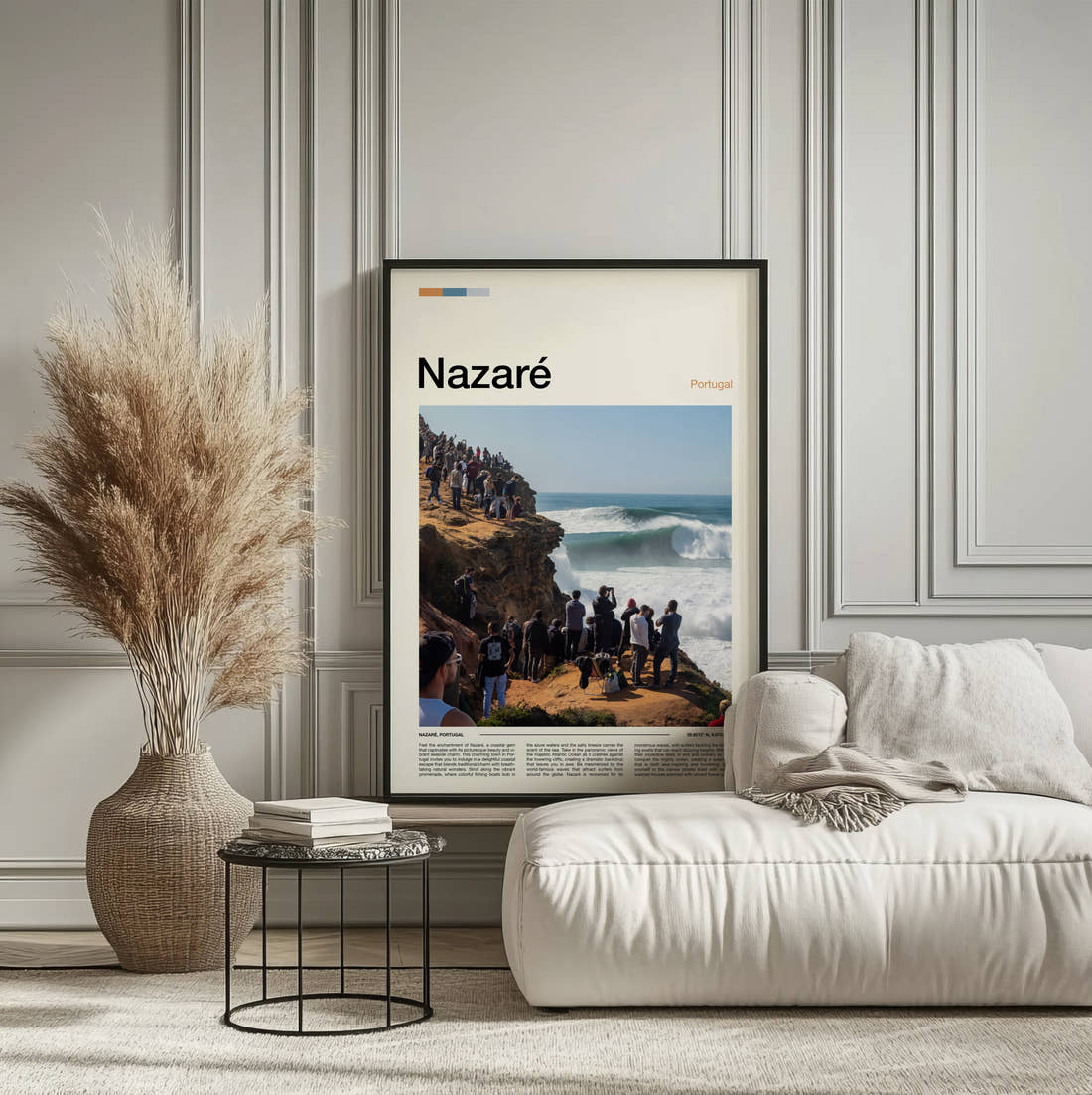Nazare Crowd Watching Big Wave Travel Print framed on the wall of a calm, neutral bedroom