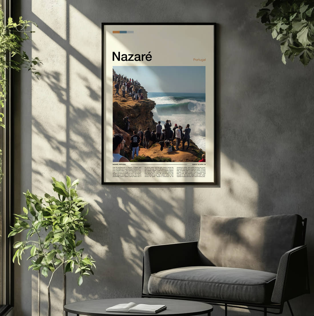 Nazare Crowd Watching Big Wave Travel Print framed on the wall of a relaxed living room