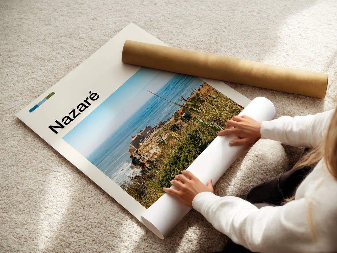 Nazare Clifftop Lighthouse Fort Travel Print being unrolled from its postal tube