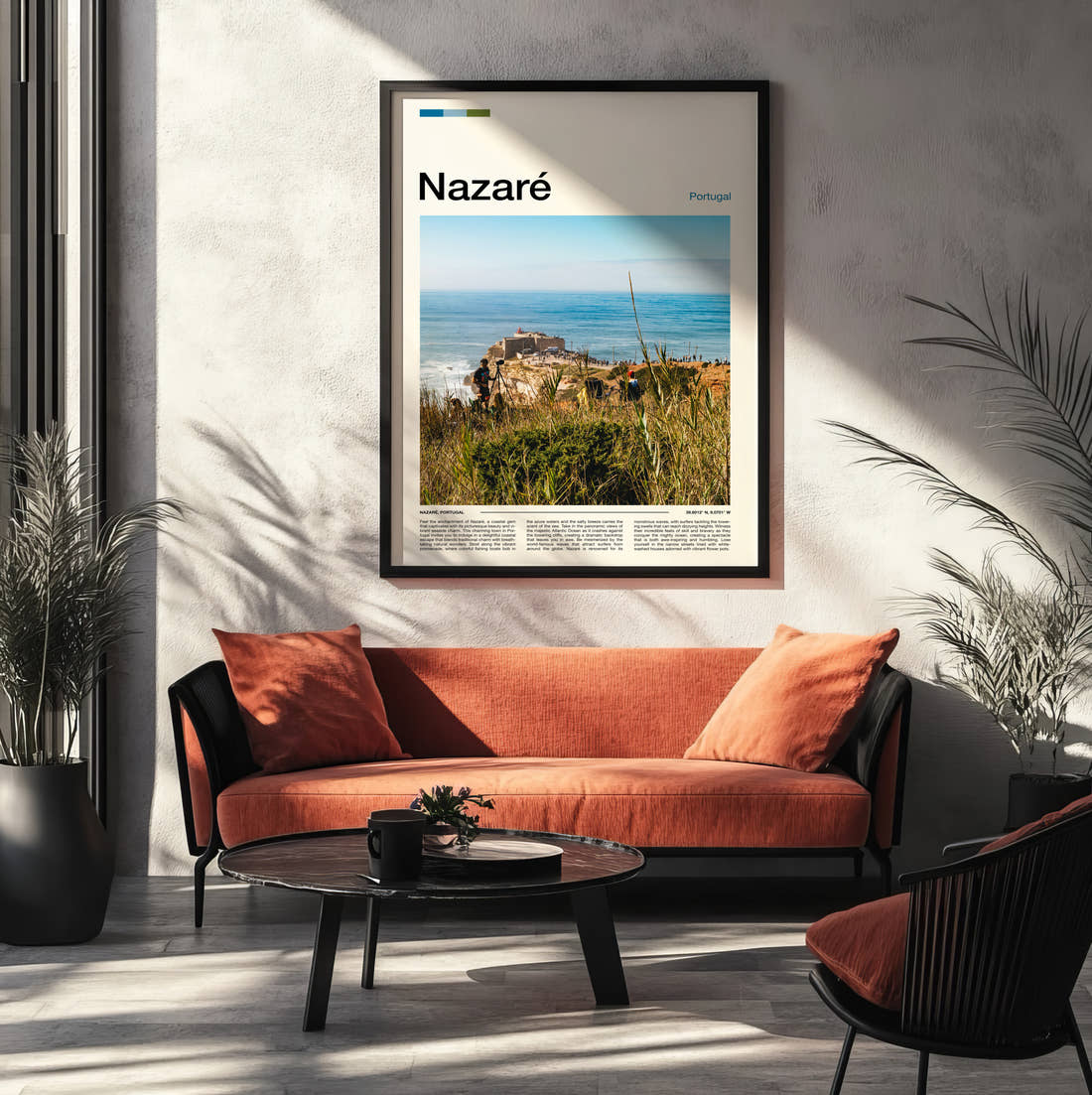 Nazare Clifftop Lighthouse Fort Travel Print framed on the wall of a modern living room