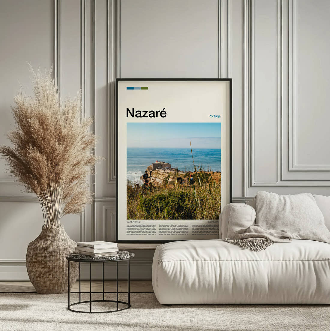 Nazare Clifftop Lighthouse Fort Travel Print framed on the wall of a calm, neutral bedroom