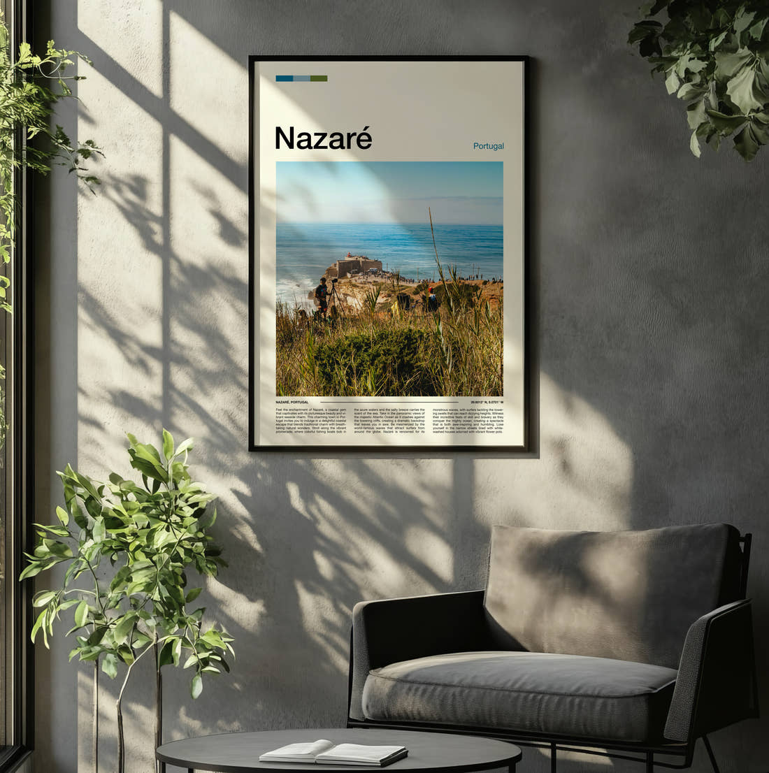 Nazare Clifftop Lighthouse Fort Travel Print framed on the wall of a relaxed living room