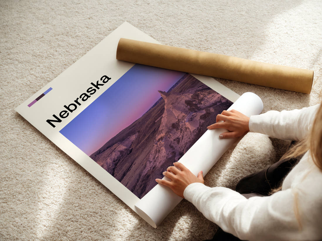 Nebraska Chimney Rock Travel Print being unrolled from its postal tube