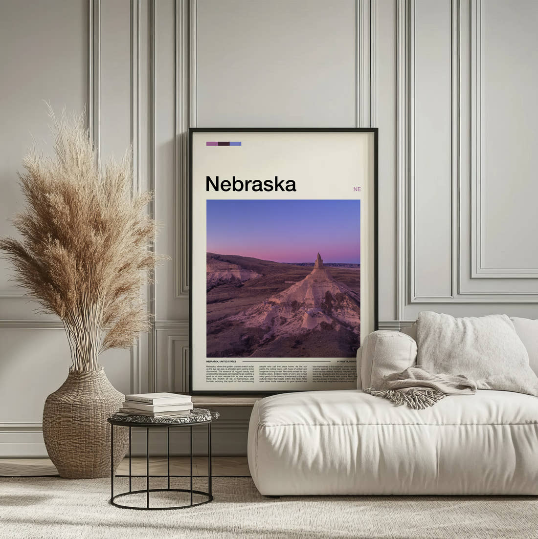 Nebraska Chimney Rock Travel Print framed on the wall of a calm, neutral bedroom
