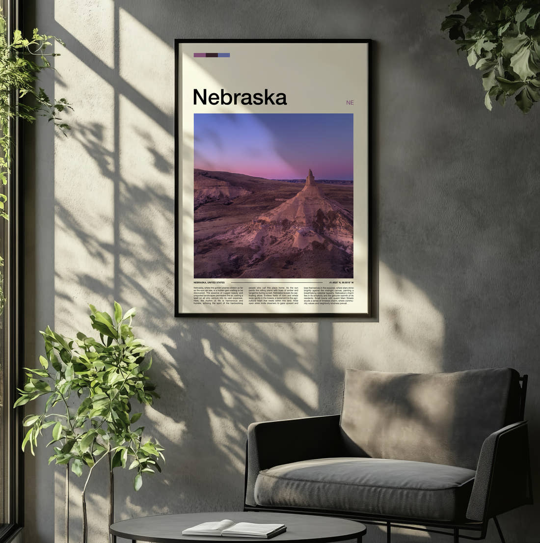 Nebraska Chimney Rock Travel Print framed on the wall of a relaxed living room