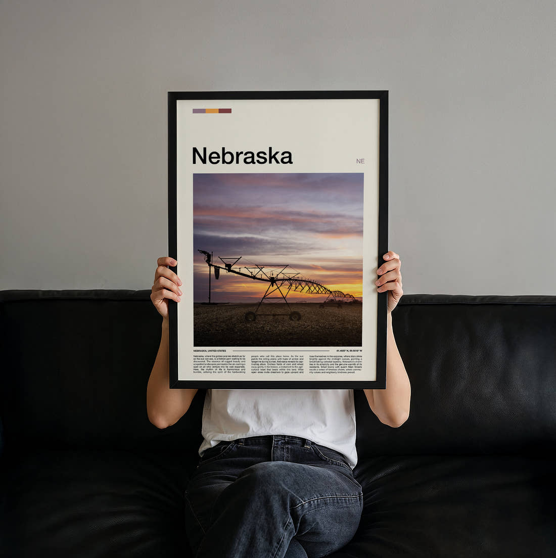 Nebraska Irrigation Sprinkler At Sunset Travel Print held up by hand to show the size of the print