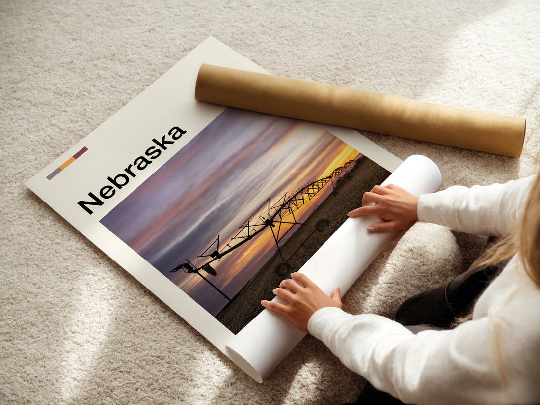 Nebraska Irrigation Sprinkler At Sunset Travel Print being unrolled from its postal tube