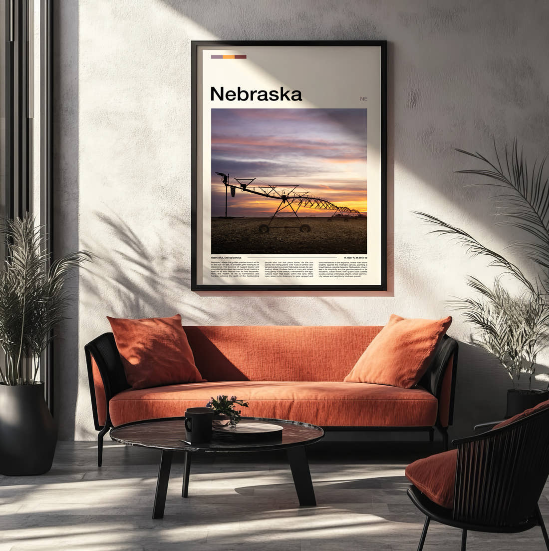 Nebraska Irrigation Sprinkler At Sunset Travel Print framed on the wall of a modern living room