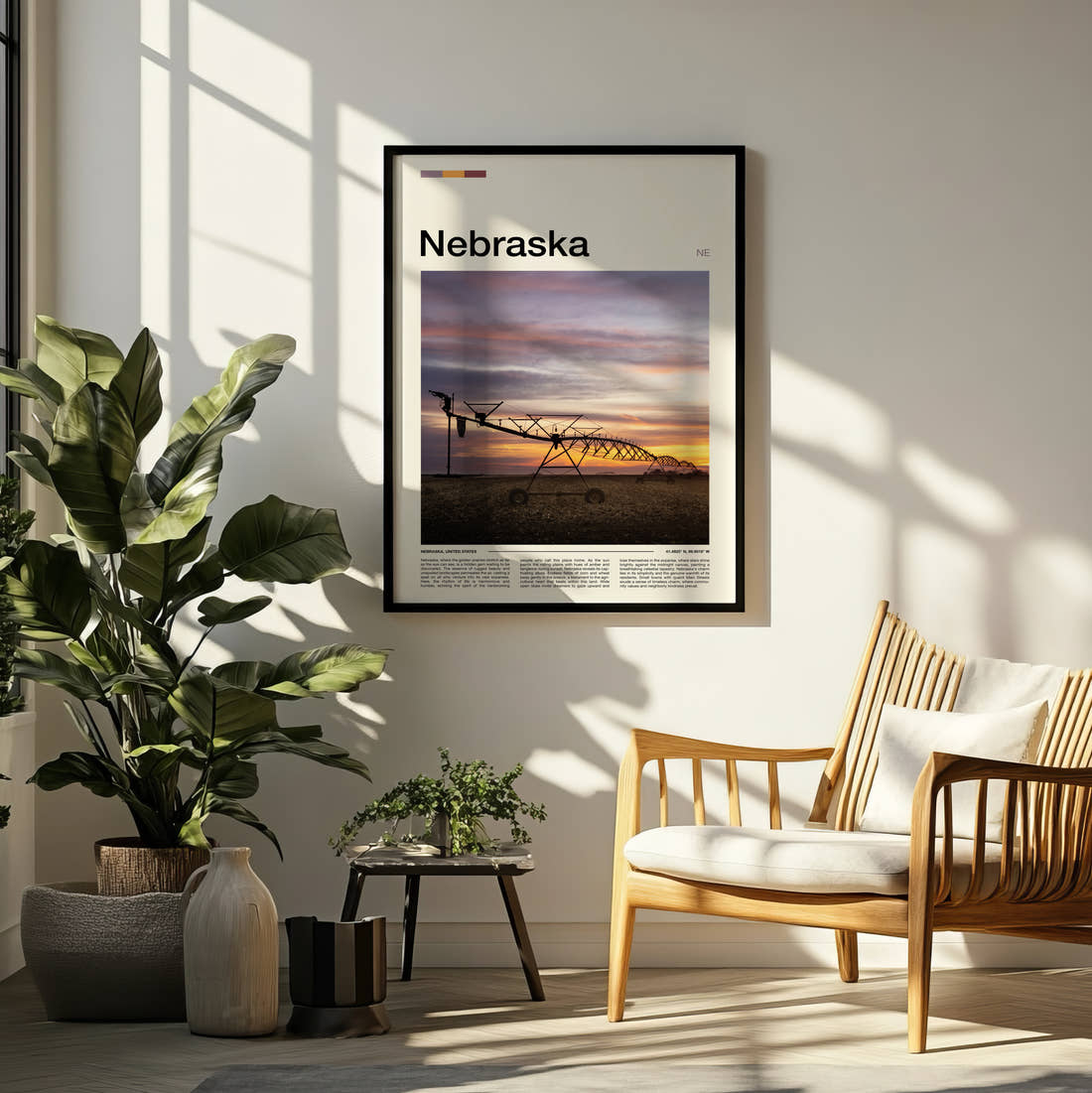 Nebraska Irrigation Sprinkler At Sunset Travel Print framed on a pale wall beside houseplants