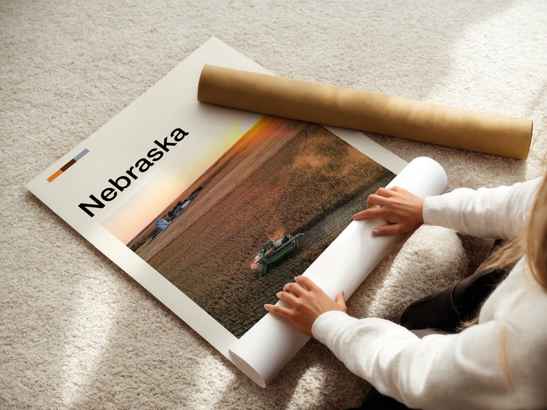 Nebraska Combine Harvester In Field Travel Print being unrolled from its postal tube