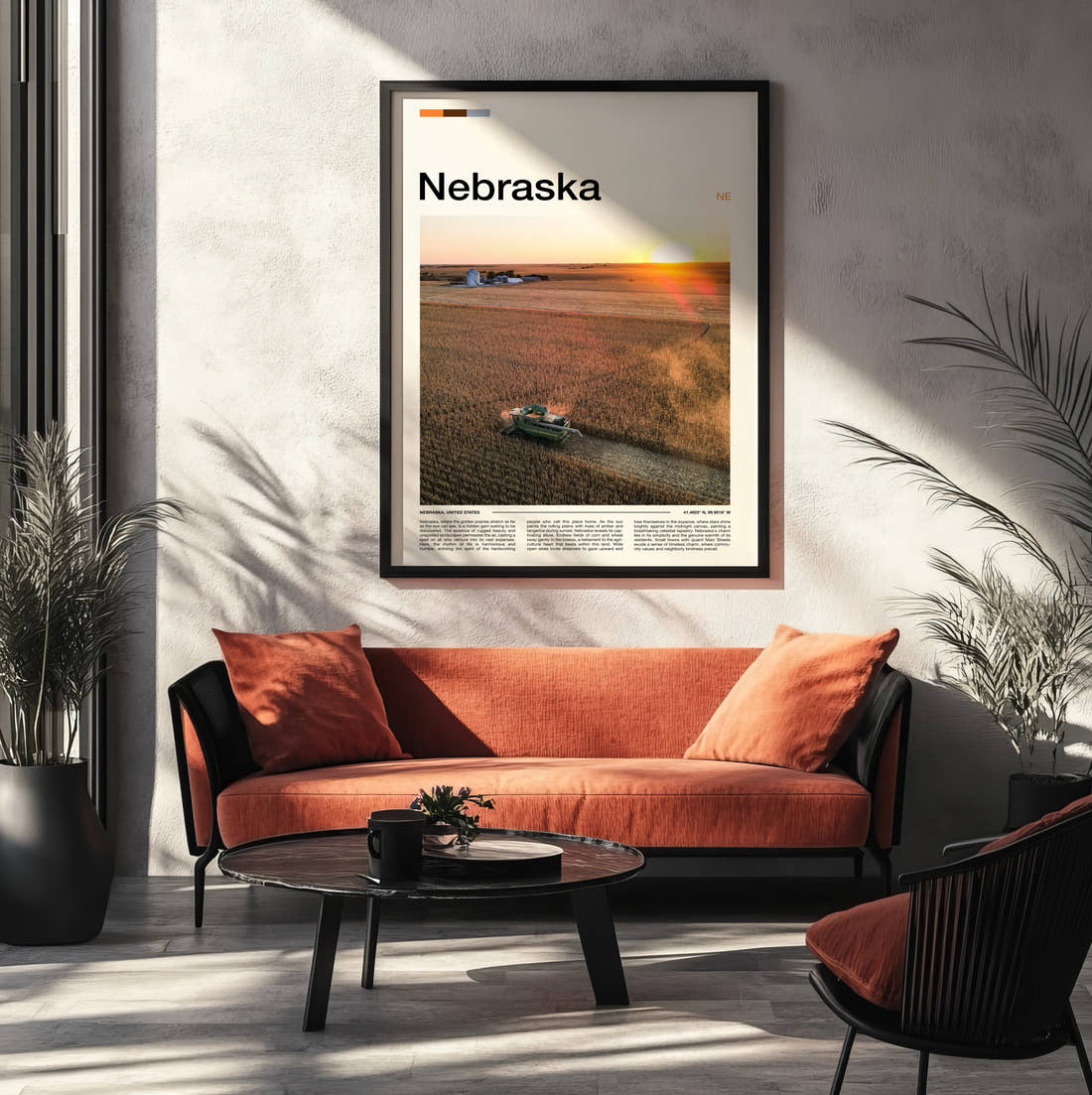 Nebraska Combine Harvester In Field Travel Print framed on the wall of a modern living room
