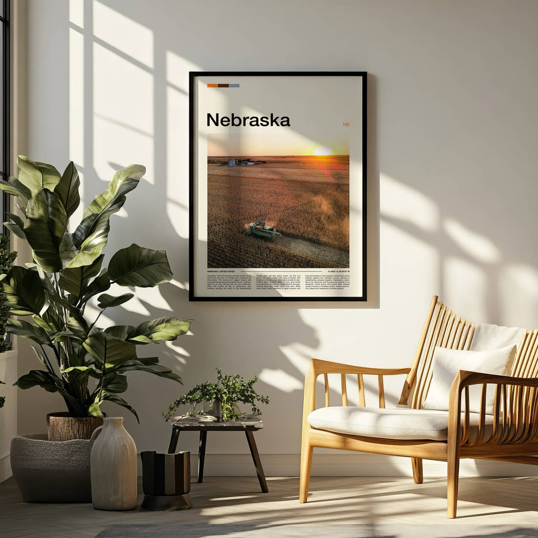 Nebraska Combine Harvester In Field Travel Print framed on a pale wall beside houseplants