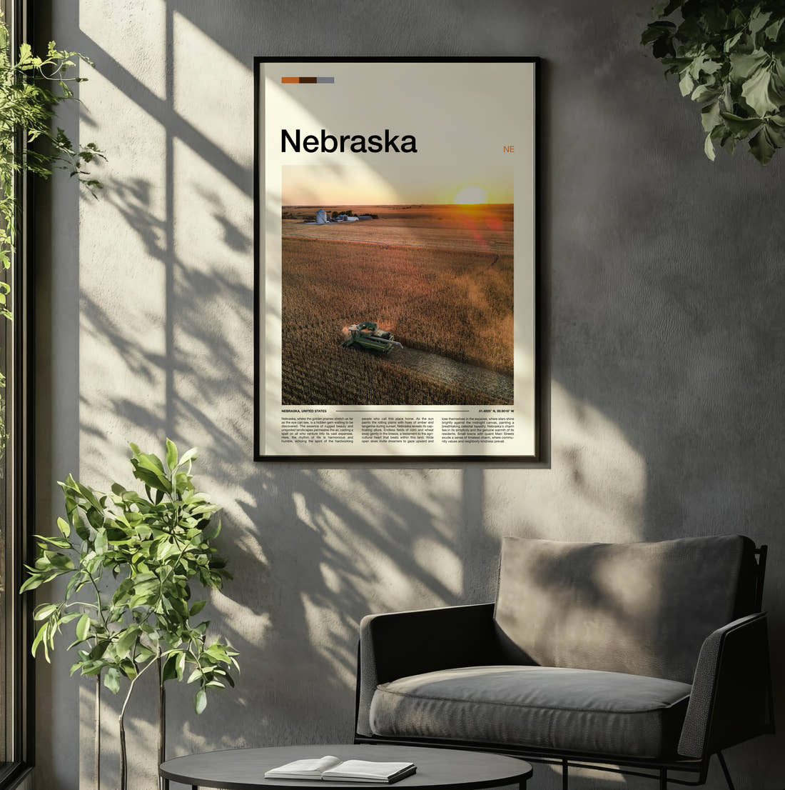 Nebraska Combine Harvester In Field Travel Print framed on the wall of a relaxed living room