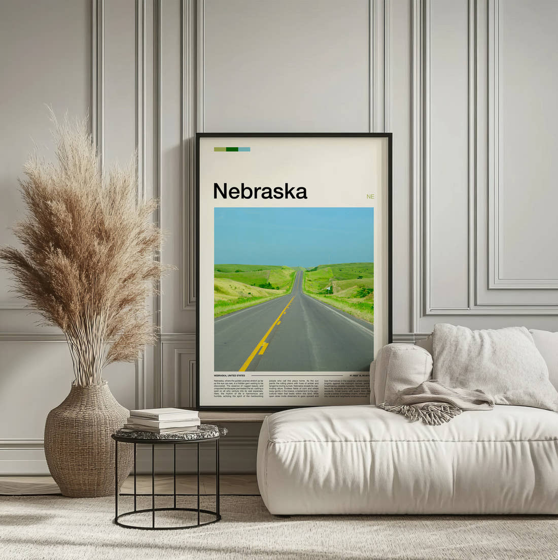 Nebraska Road Through Green Hills Travel Print framed on the wall of a calm, neutral bedroom