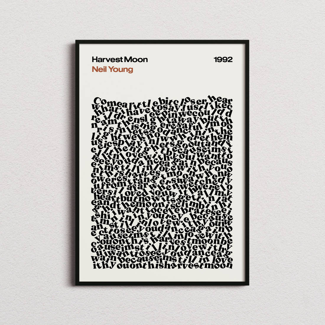 Neil Young Harvest Moon Lyric Print in the cream colourway, framed