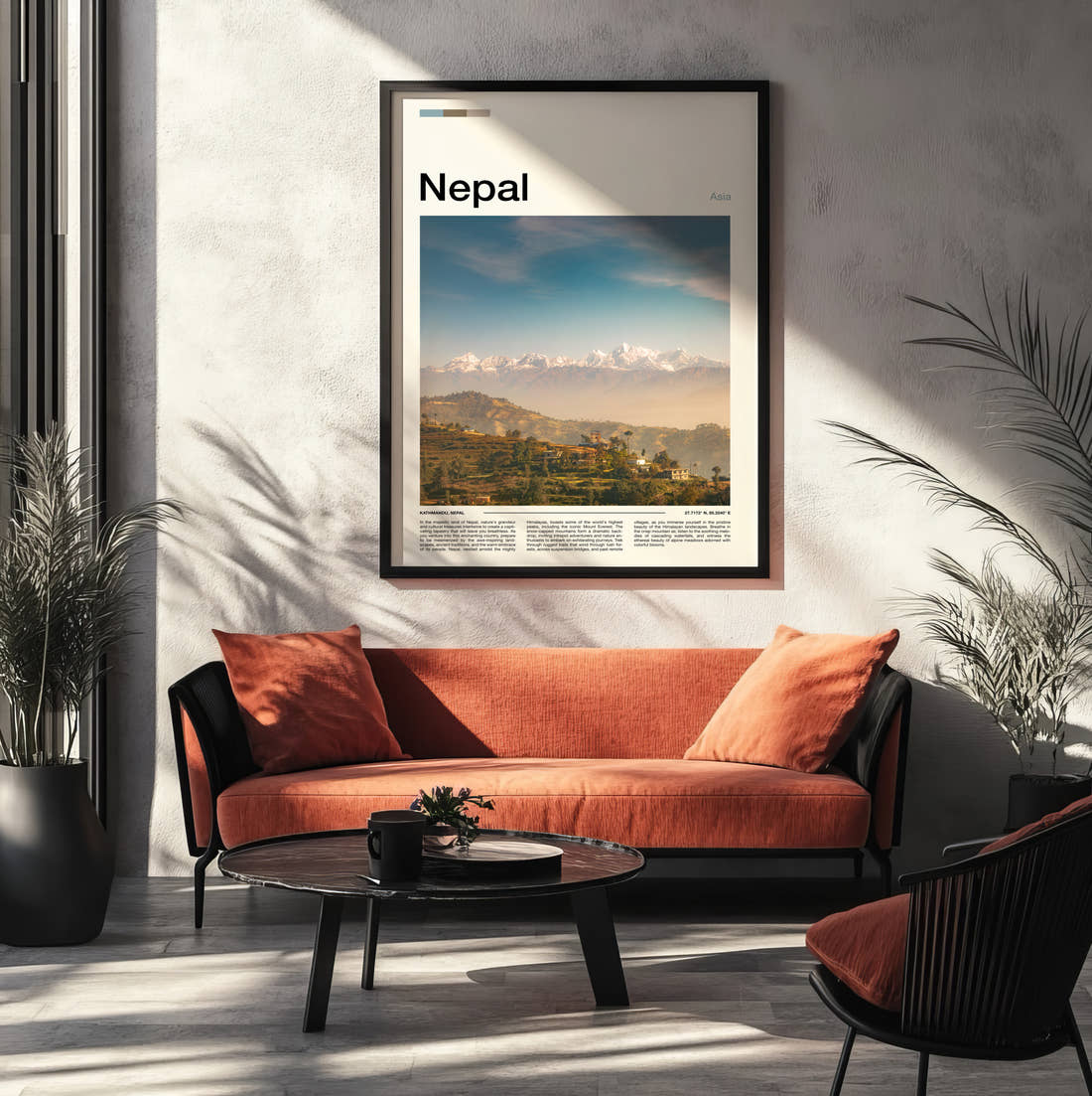 Nepal Himalayas Above The Valley Travel Print framed on the wall of a modern living room