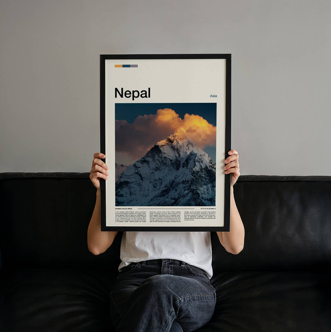 Nepal Snow Capped Peak Travel Print held up by hand to show the size of the print