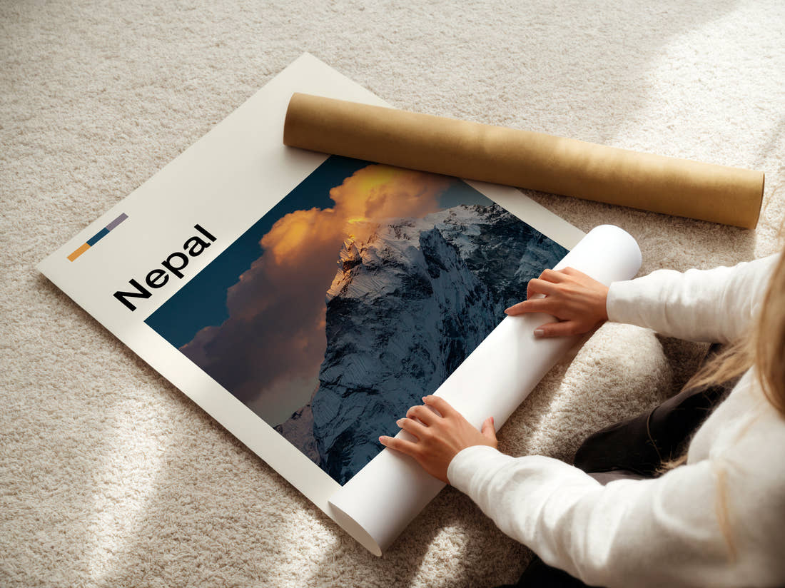 Nepal Snow Capped Peak Travel Print being unrolled from its postal tube
